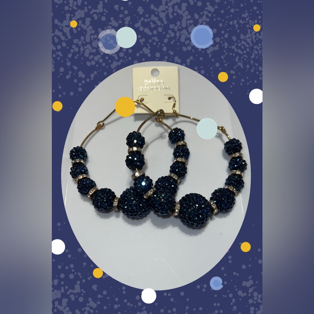 New Davinci Gold Tone Navy Blue Encrusted Crystal Beaded Hoop Earrings 16$